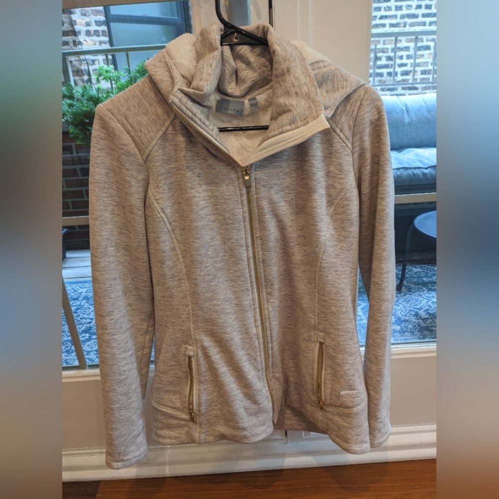 Athleta Luxe ivory heathered cream jacket with fur lining, medium